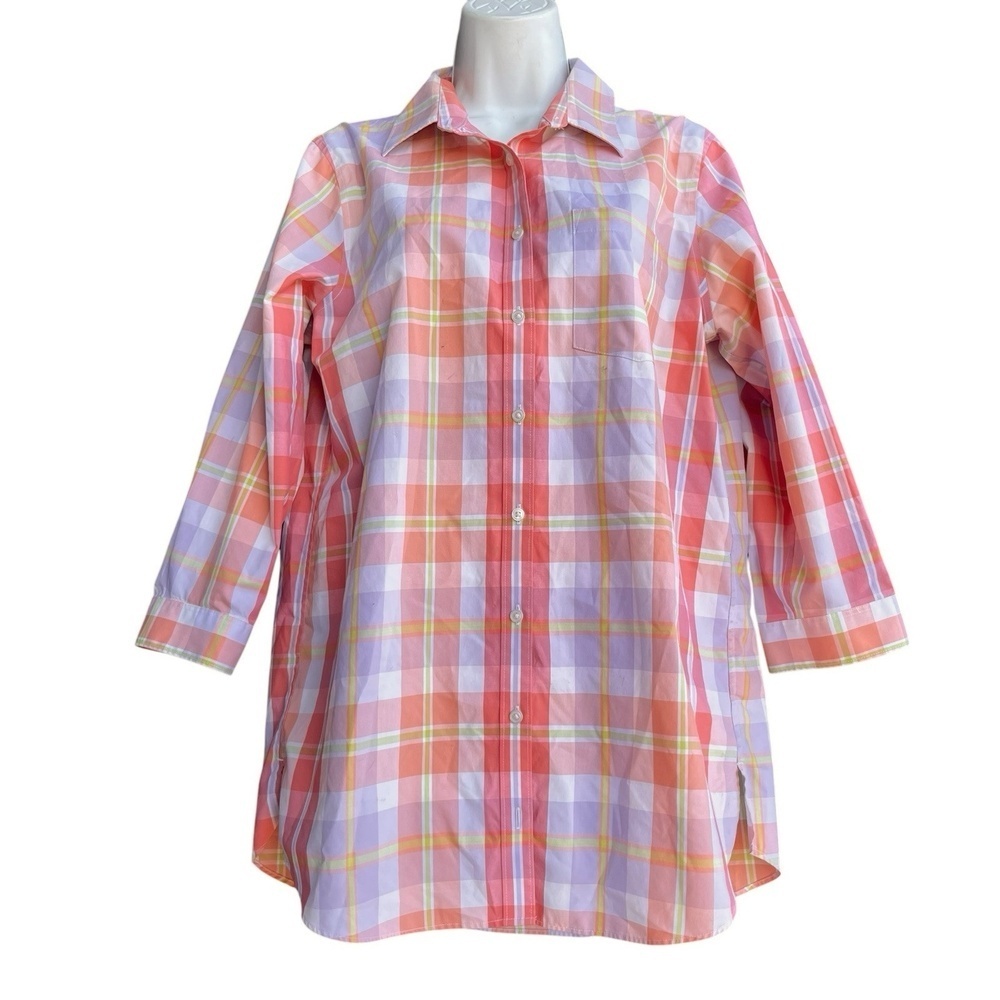 Lands' End No Iron SUPIMA Tunic Top Madras Plaid Womens Size 10 Button-Up Shirt